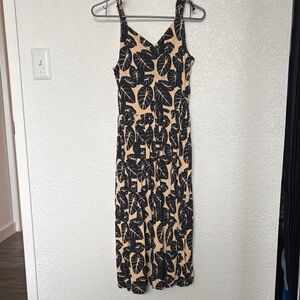 Kate Quinn Black and Tan Taro Leaf Print Viscose Midi Dress